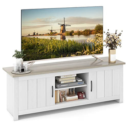 2 Doors TV Stand for TVs up to 65”, 57” Media Console Table w/ 2 Cabinets & Open Shelves, 2 Cable Management Holes. Wood Entertainment Center Cabinet for Living Room (White Oak)