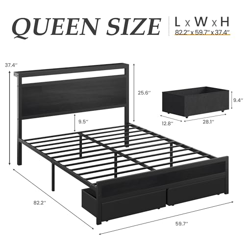 Wooden Queen Bed Frame with Storage and Charging Station, view 3