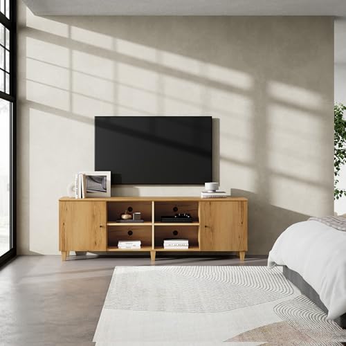 TV Stand for 75+ Inch TV, 70 inch Mid-Century Modern Wood Entertainment Center with Door, Wide Media Console Table with Adjustable Storage Shelves for Living Room, Bedroom, Oak Brown
