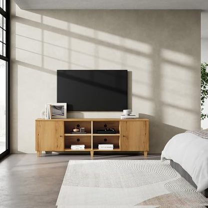 TV Stand for 75+ Inch TV, 70 inch Mid-Century Modern Wood Entertainment Center with Door, Wide Media Console Table with Adjustable Storage Shelves for Living Room, Bedroom, Oak Brown