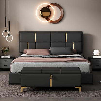 Upholstered Bedroom Furniture Set with Ottoman, Queen Upholstered Platform Bed with Hydraulic Storage System and Storage Ottoman, 2 Piece Bedroom Furniture Set Queen Size, Black