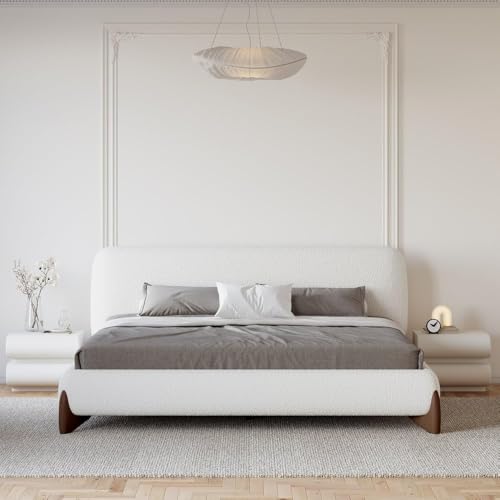 3-Pieces Bedroom Sets King Size Upholstered Bed Frame with 2 Smart Nightstands – Bouclé Platform Bed with Upholstered Headboard, Leather Nightstands with Wireless Charging, USB