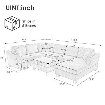 Sectional Sofa 111.8" U Shaped Sofa Chenille Upholstered Sofa Couch with Movable Storage Ottoman for Living Room, Dark Gray