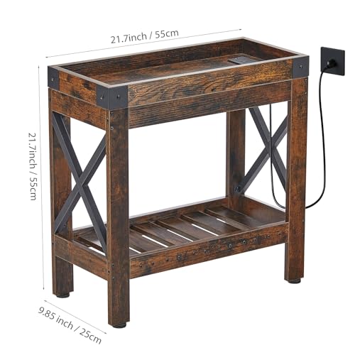 Narrow End Table with Charging Station, Rustic Brown Side Table with 2 USB Ports & Power Outlets, Slim Industrial Nightstand for Small Spaces, Living Room Sofa & Bedroom