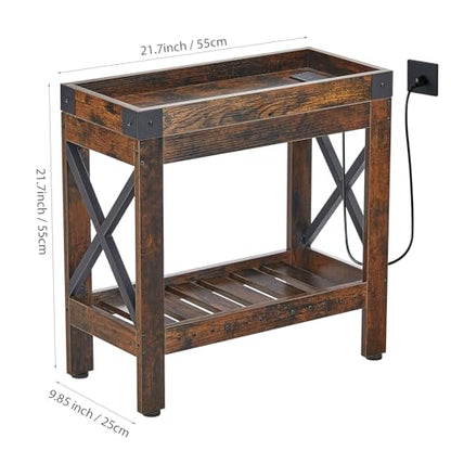 Narrow End Table with Charging Station, Rustic Brown Side Table with 2 USB Ports & Power Outlets, Slim Industrial Nightstand for Small Spaces, Living Room Sofa & Bedroom