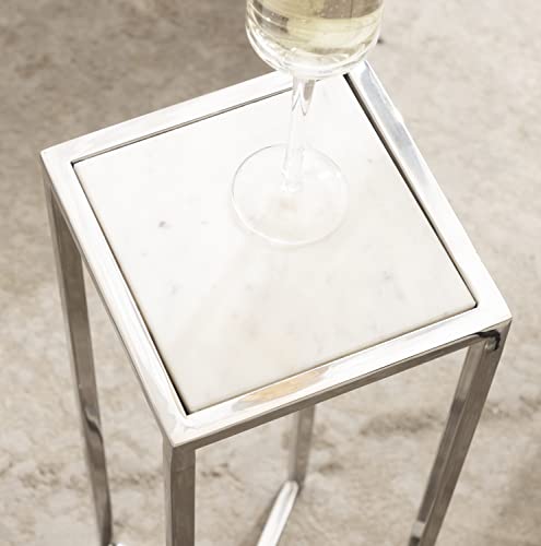 Jaspur Modern Glam Drink Table, 7 x 7 x 21, White and Silver, Decorative Metal and Marble Accent Martini Cocktail Table for Display and Storage