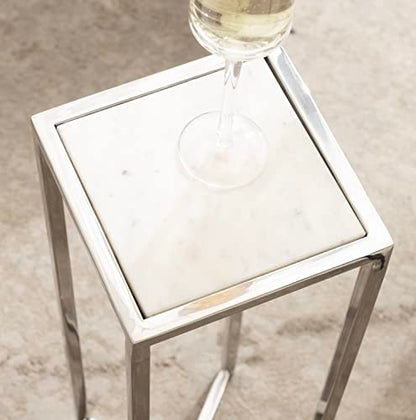 Jaspur Modern Glam Drink Table, 7 x 7 x 21, White and Silver, Decorative Metal and Marble Accent Martini Cocktail Table for Display and Storage