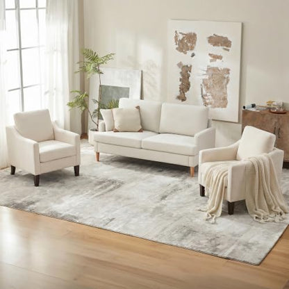Mid-Century Accent Chairs Set of 2, No Tools Assembly Required, Modern Upholstered Polyester Armchairs for Living Room & Bedroom, Comfortable Reading Chairs with Wood Legs, Beige