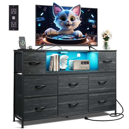 Dresser TV Stand for 55 Inch TV, 8 Drawers, LED, Black Wood Grain, view 3