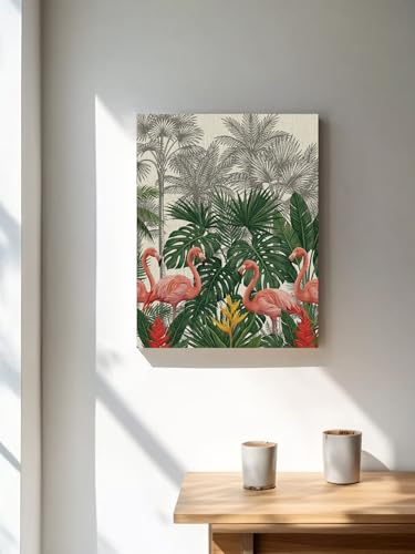 NuYeBiofx Summer Pink Flamingo Green Leaf Canvas Wall Art Prints,30"x20" Framed Picture Artwork Tropical Gray Tree Retro Linen Printed Canvas Oil Painting for Living Room Bedroom Office,Ready to Hang