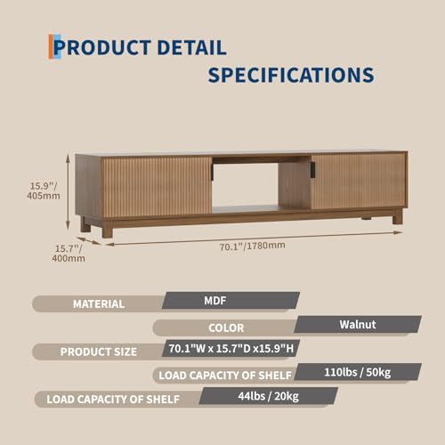 70" TV Stand for Living Room, Mid Century Modern Fluted Media Console Brown, view 3
