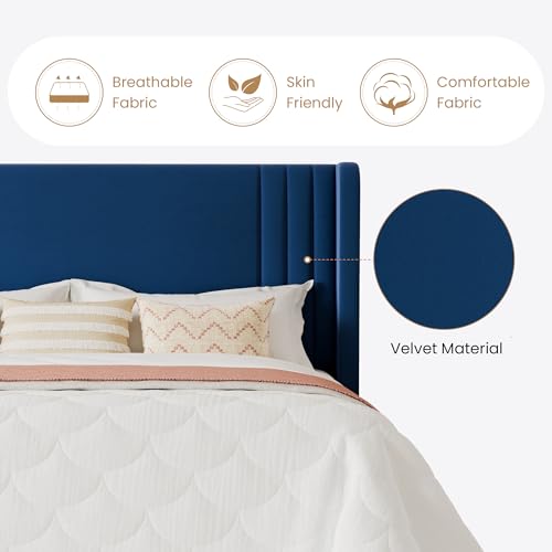 Queen Velvet Upholstered Bed Frame, Wingback Headboard, Blue, view 7