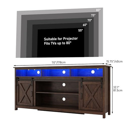 70" LED Farmhouse TV Stand for 80/75/70 Inch TVs,Tall Entertainment Center Storage Cabinets w/Power Outlets and Sliding Barn Door,Rustic TV Stands for Living Room,Media Console Cabinet (Rustic Brown)