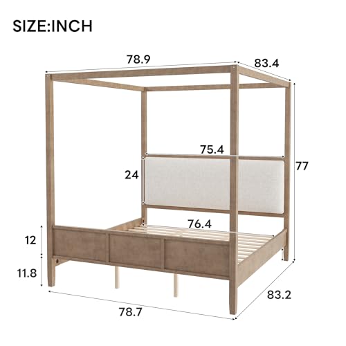 King Size Canopy Bed with Linen Headboard and 4-Poster, Walnut, view 4