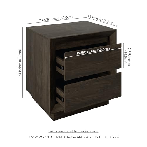 24" Nightstand Side Table, Rich Brown | 2-drawer end table with soft-glide drawers, beveled edge detailing, and a plinth base for bedroom, living room, or office