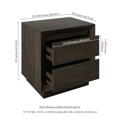 24" Nightstand Side Table, Rich Brown | 2-drawer end table with soft-glide drawers, beveled edge detailing, and a plinth base for bedroom, living room, or office