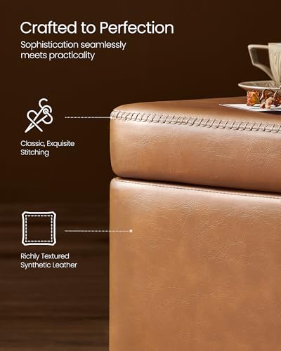 VASAGLE EKHO Collection - Storage Ottoman Bench, Entryway Bedroom Bench, 25 Gallons, Synthetic Leather with Stitching, Mid-Century Modern, Safety Hinges, Loads 660 lb, Caramel Brown ULOM075K01