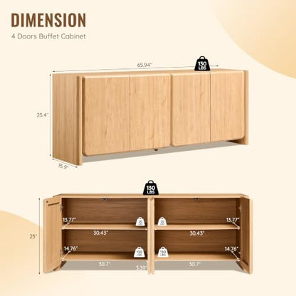 66" Modern Buffet Cabinet w/Storage, Large Sideboard, Natural, view 3