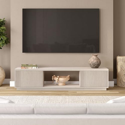 Fluted TV Stand for TVs up to 78" with 2 Ribbed Side Storage Cabinets and Open Center Storage for Living Room, Family Room, or Office, Beech White