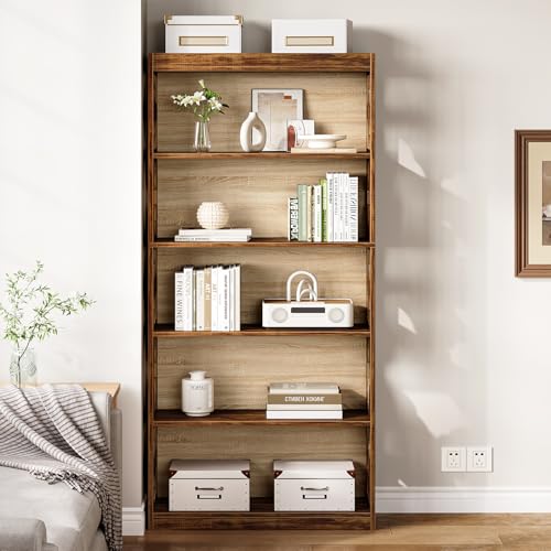 69.9" Vintage Bookshelf, 5-Tier Tall Bookshelves, Cutout Design Vertical Bookcase, Freestanding Storage Display Shelf for Living Room, Bedroom, Study, Office, 1 Pack