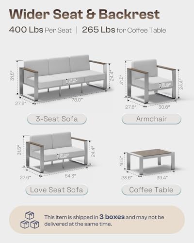 Outdoor Furniture Set, 4 Piece Aluminum Patio Furniture Set with Coffee Table, Wide Seat and Thick Cushions, Outdoor Patio Conversation Sets for Deck, Porch (LightGray)