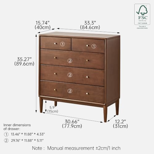 Solid Wood Nightstand, 5 Drawer Side Table for Bedroom, Wooden Storage Organizer, view 3