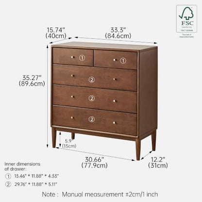Solid Wood Nightstand, 5 Drawer Side Table for Bedroom, Wooden Storage Organizer, view 3