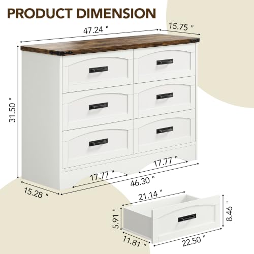 47" Farmhouse 6-Drawer Dresser for Bedroom, Pure White + Walnut, view 3