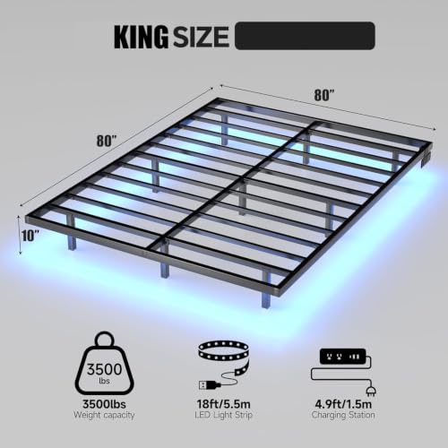 Floating Bed Frame King Size with LED Lights and Charging Station, view 3