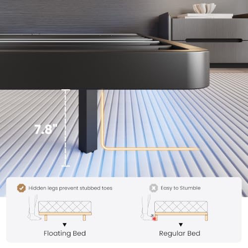 Queen Size Floating Bed Frame with Smart LED Lights, Black, view 7