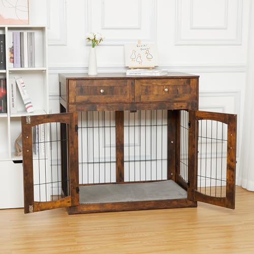 GarveeHome Dog Crate Furniture,Wood Kennel Indoor with Drawers Storage, view 4