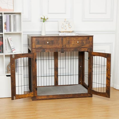 GarveeHome Dog Crate Furniture,Wood Kennel Indoor with Drawers Storage, view 4