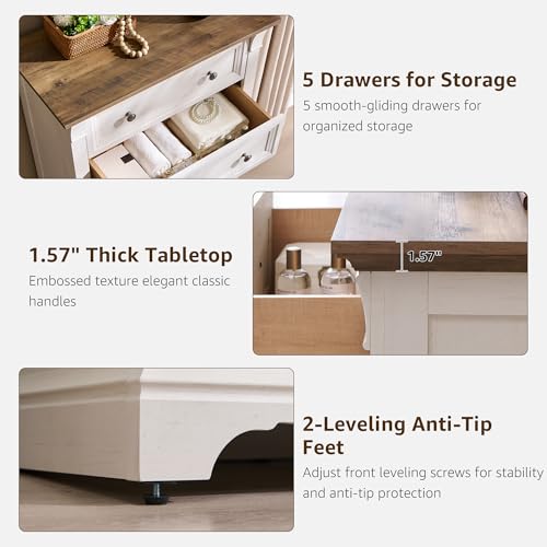 Farmhouse 5 Tall Drawers Dresser for Bedroom, 47" H Wooden Chests, view 6