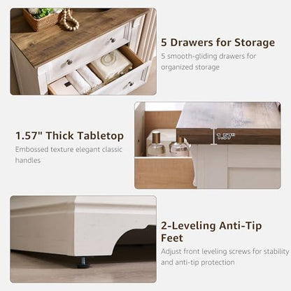 Farmhouse 5 Tall Drawers Dresser for Bedroom, 47" H Wooden Chests, view 6