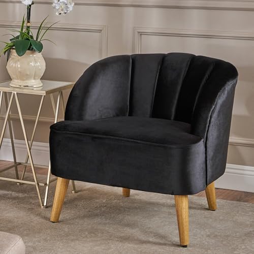Velvet Accent Chair,Modern Lounge Living Room Chairs with A Curved Backrest and Iconic Splayed Legs,Seating Furniture for Bedroom,Black