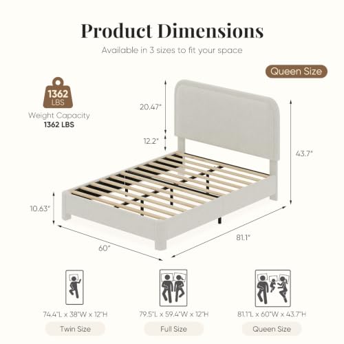 Queen Bed Frame with Adjustable Headboard, Luxurious Teddy Boucle Platform Bed, view 3