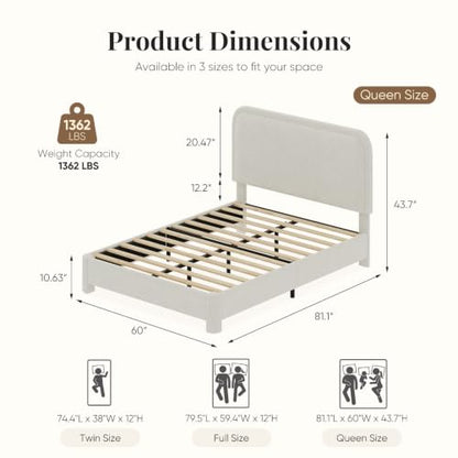 Queen Bed Frame with Adjustable Headboard, Luxurious Teddy Boucle Platform Bed, view 3