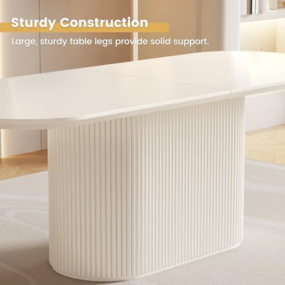 86.61" Large Cream White Dining Table with Strong Pedestal Modern Oval Dining Room Table for 8 People Cream Kichen Table for Dining&Kichen Room Furniture
