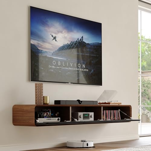 63" Fully Assembled Wood Floating TV Stand, Walnut and Black, view 4
