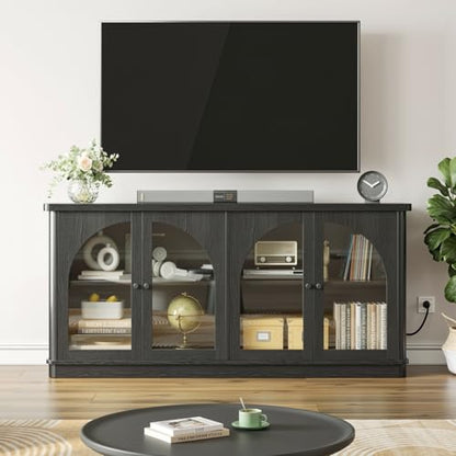 63 Inch Sideboard Buffet Cabinet with Glass Doors and 4 Doors Black, view 7
