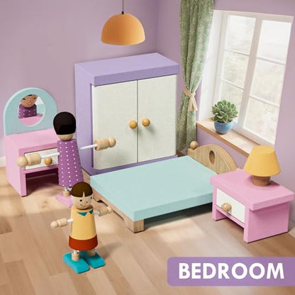 Wooden Dollhouse Furniture Set 39 Pcs with 5 Rooms, Family Dolls & Pets, All-Wooden Doll House Accessories and Furniture, Pretend Play Dollhouse Accessories Toy Gift for Kids 3+
