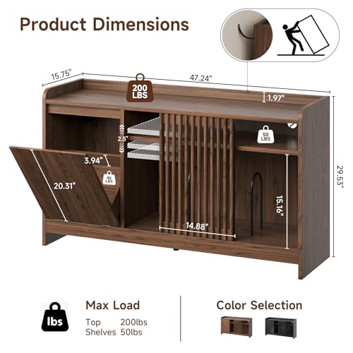 48" Record Player Stand w/Flip-Out Storage Cabinet, Sliding Door, view 3