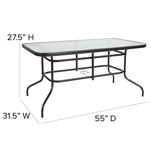 Tory 31.5" x 55" Rectangular Tempered Glass Metal Patio Table with Umbrella Hole, Modern Rippled Glass Outdoor Dining Table, Black