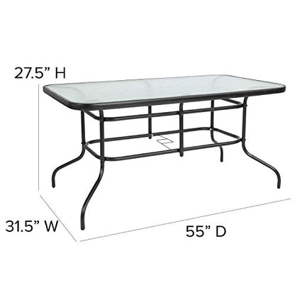 Tory 31.5" x 55" Rectangular Tempered Glass Metal Patio Table with Umbrella Hole, Modern Rippled Glass Outdoor Dining Table, Black