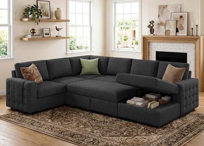 Sectional Sleeper Sofa with Pull-Out Bed Storage Chaise, 6 Seater Couch for Living Room, Dark Grey