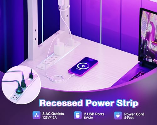 L Shaped Desk Gaming Desk with LED Light & Power Outlet, 53 Inch Reversible L Shaped Computer Table with Shelf, Corner Desk with Storage Bag&Hook for Home Office Desk, White