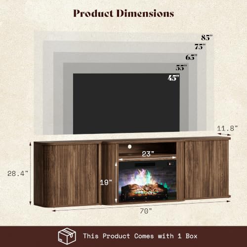70" Fluted Electric Fireplace TV Stand, Mid Century Modern, Walnut, view 3