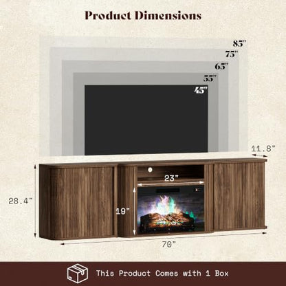 70" Fluted Electric Fireplace TV Stand, Mid Century Modern, Walnut, view 3