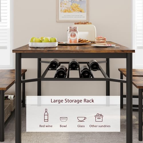 Dining Table Set for 4, Kitchen Table and Chairs for 4 with Wine Rack, Rectangular Dining Room Table Set with Bench, 4 Piece Dining Table Set for Small Space, Apartment, Retro Brown