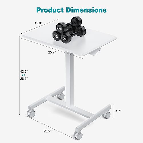 Small Rolling Desk Mobile Standing Portable Laptop PC Table with Wheels Adjustable Height Computer Workstation for Home Office, Space Saving Desk for Bedroom Study Use, White